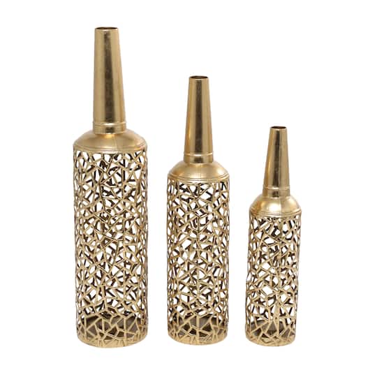 Gold Metal Abstract Patterned Vase with Open Frame Design Set